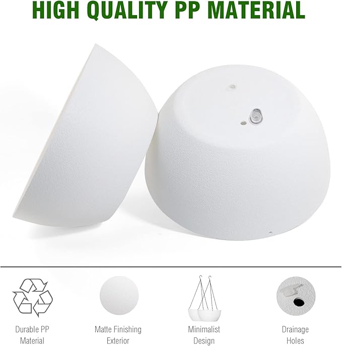 10 inch Hanging Planters for Outdoor Indoor Plants with Drainage Holes and Chain, 2 Pack Round Hanging Flower Plant Pots for Garden Home Porch Decor, White