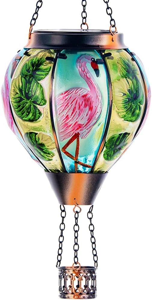 Starsoul Flamingo Hot Air Balloon Solar Lantern Solar Hot Air Balloon Flickering Flame Hanging Garden Light Metal & Glass Waterproof Lanterns for Yard Patio Farmhouse Decoration