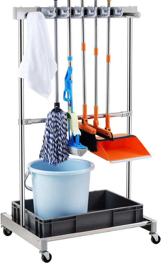 VEVOR Garden Tool Organizer, 10 Slots with Hooks, Yard Tool Tower Rack with Wheels for Garage Organization and Storage, Hold Long-Handled Tool/Rake/Broom, Metal Tool Stand Holder for Shed, Outdoor