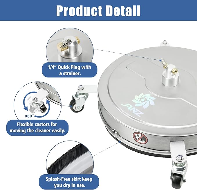 JANZ 20'' Pressure Washer Surface Cleaner with 4 Wheels, Stainless Steel Housing, 1/4" Quick Plug, 2 Extension Wands, 2 Replacement Nozzles and 3 Spray Nozzles, 4000 PSI