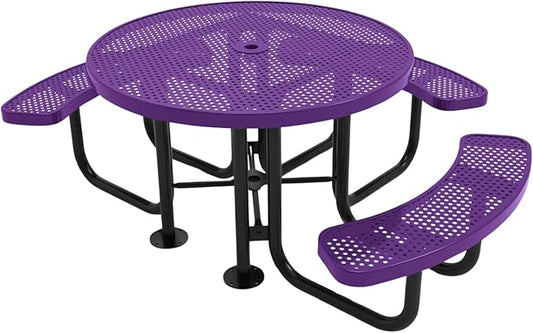 Heavy-Duty Portable Outdoor Picnic Table with Umbrella Hole, Punched Steel Patio Dining Furniture Made in America (46" Round Top, Textured Purple)