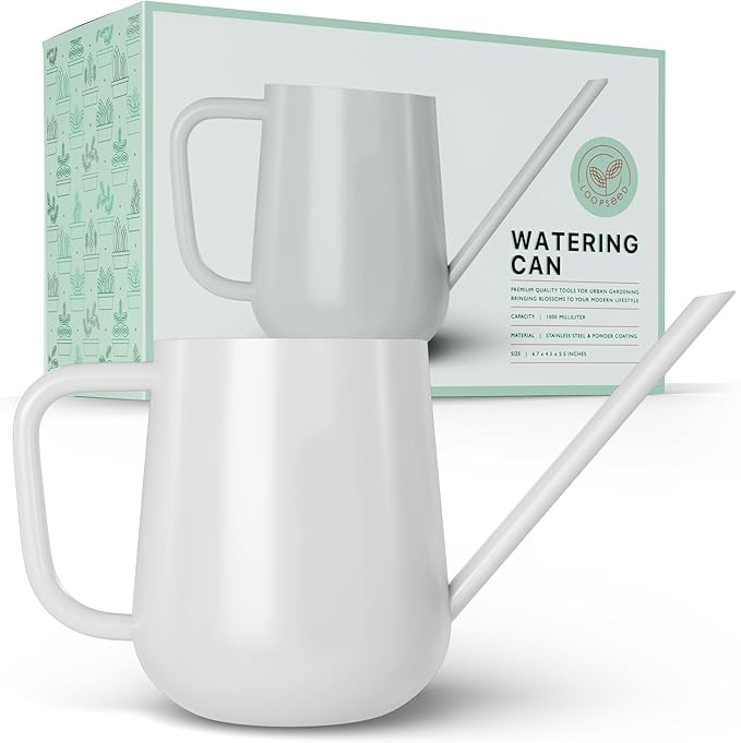 Metal Watering Can for Indoor Houseplants Outdoor Garden Long Sprout Water Can for Succulents Herb Bonsai Modern Garden Tool 33.8oz/1000ml (Brilliant White)