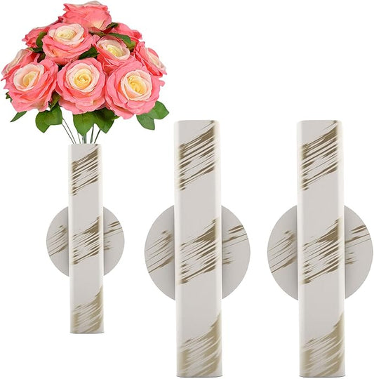 Self Adhesive Wall Vase Metal Tube Decoration Holder Used to Display Dried Flower, Faux Flowers, Fake Flowers, Also Suitable for Cemetery Memorial Decoration (2 Pcs White Gold Stripe)