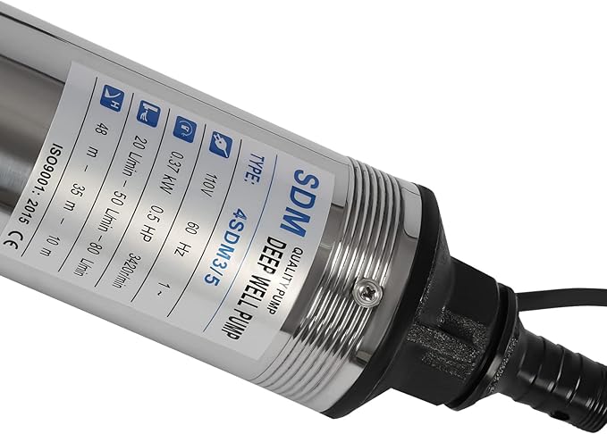 Deep Well Submersible Pump 110V 370W Electric Solar Powered Water Pump, 16 GPM Flow, 157ft Lift, Farm Ranch Irrigation Submersible Bore Hole Deep Well Pump 3420 RPM