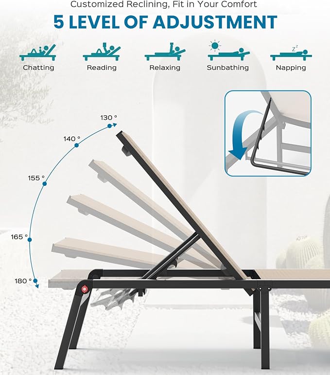 Chaise Lounge Outdoor, Foldable Aluminum Pool Lounge Chairs with 5 Positions Recliner - Free Assembly - Patio Chaise Lounge Chair for Poolside, Beach, Yard (Khaki)