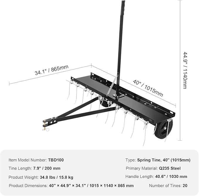 VEVOR Tow Behind Dethatcher, 40-inch Tow Dethatcher with 20 Spring Steel Tines, Lawn Dethatcher Rake for ATV or Mower, Tow Behind Lawn Rake with Lift Handle for Garden Farm Grass