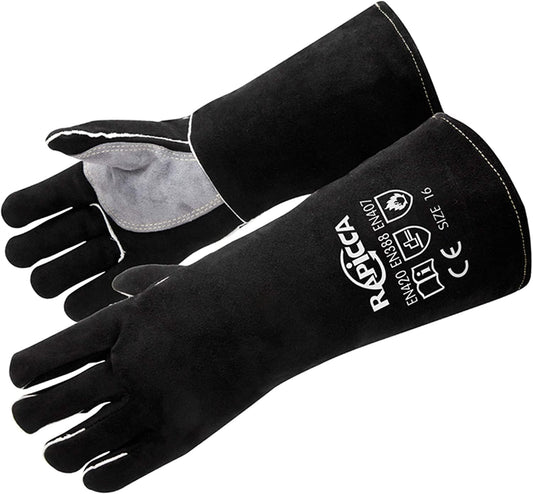 RAPICCA Fireplace Gloves Fire Heat Resistant: Black 14IN - Fireproof Leather for Fireplace Fire Pit Wood Stove Campfire Furnace BBQ Grill Oven Stick Mig Welding Welder Gear - Birthday Gift for men