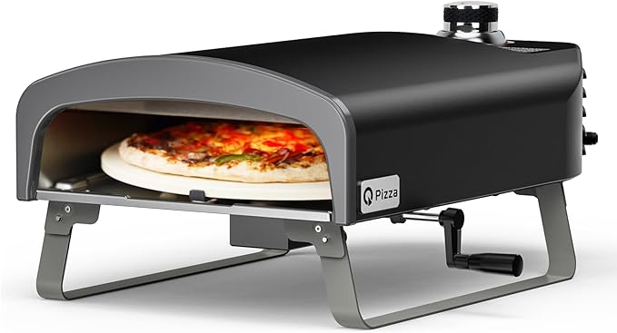 Q Pizza Portable Propane Pizza Oven with Manual Rotating Stone, Tabletop Gas Stove for Outdoor Kitchen, Gas Oven for Making Pizza, Bread, Steak, Pie, PS104