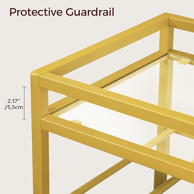 Bar Cart for Home, 3-Tier Serving Cart with Glass Top, Beverage Cart with Wine Rack and Glass Holder, Drink Cart with Wheels, for Dining Room, Living Room, Gold and White RCJM71B01