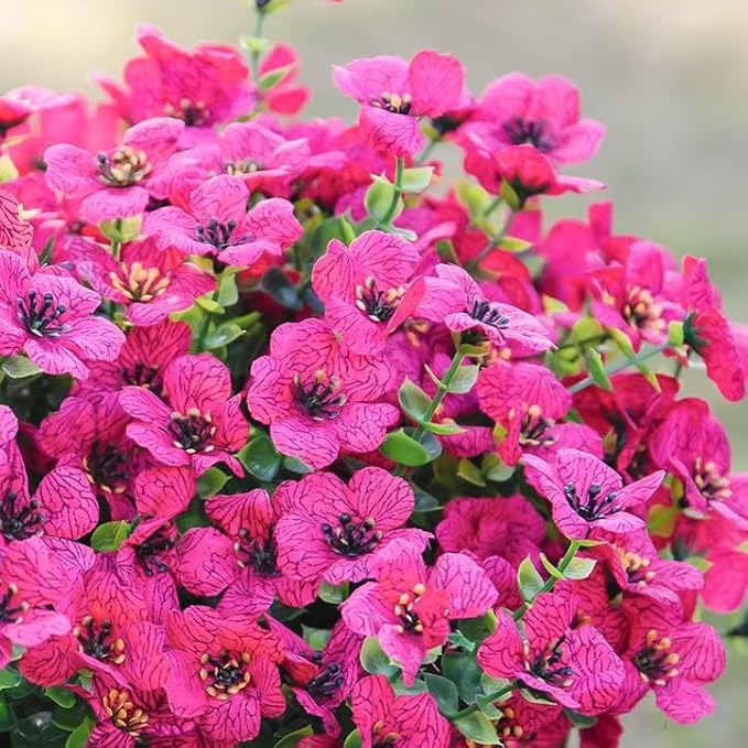 Artificial Flowers for Outdoor Indoor Garden Home Decoration, Faux Flower Daisy with Eucalyptus Leaves Fake Plants Greenery Boxwood Porch Patio, 12 Bundles (Rose Red)