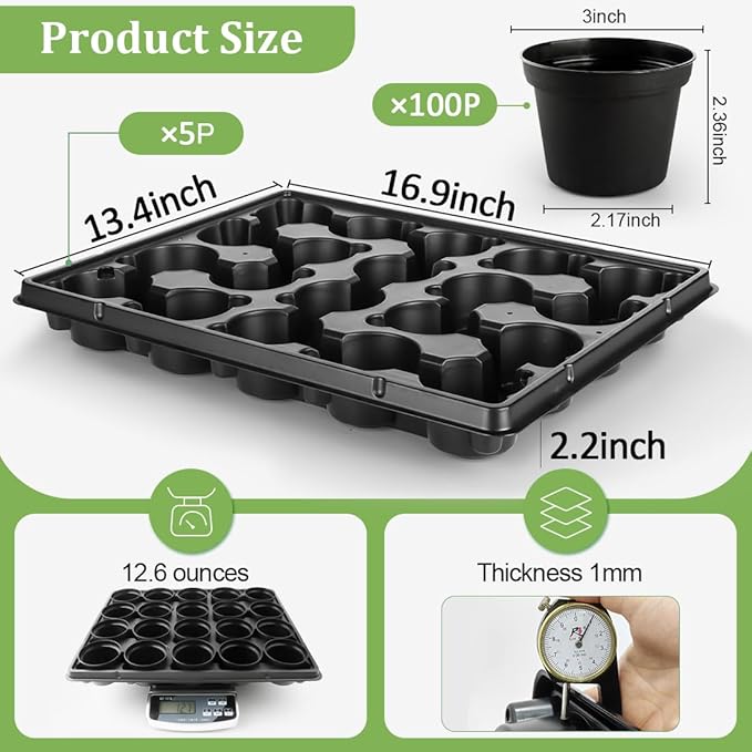 3 Inch Plastic Plant Pots 100 Pcs with 5 Pcs 20 Cell Seed Starter Trays, Thick Black Small Nursery Pots and Propagation Shuttle Trays for Seed Starting, Plant Propagation Starter Kit 5 Sets