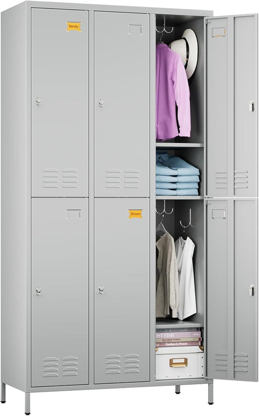 6 Doors Metal Lockers for Employees with 6 Shelves and 18 Hooks, Storage Locker with Business Card Holder for Office Gym School Bedroom, Assembly Required, Light Gray