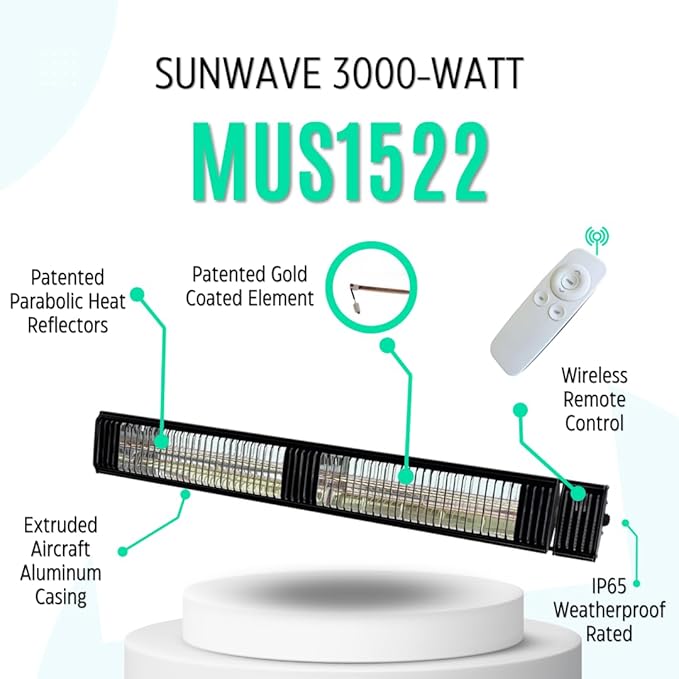 Commercial SunWave 3000 Watt Infrared Patio Heater Tungsten Ultra Quartz Low Glare with Remote control and 3 power levels, 11,028 BTU Max output By Muskoka Lifestyle Products USA Black
