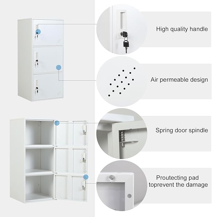 3 Door Metal Vertical Storage Locker for School, Office, Home,Gym,Stackable Steel Storage Cabinet with Lock,Anti-Falling Device. (3 Door, White)