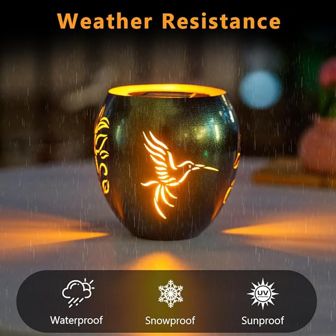 VEWOGARDEN Solar Lanterns Outdoor Waterproof Hummingbird & Plant Hollowed-Out Metal Lantern Solar Lights with Flickering Flame for Patio Porch Table, Green