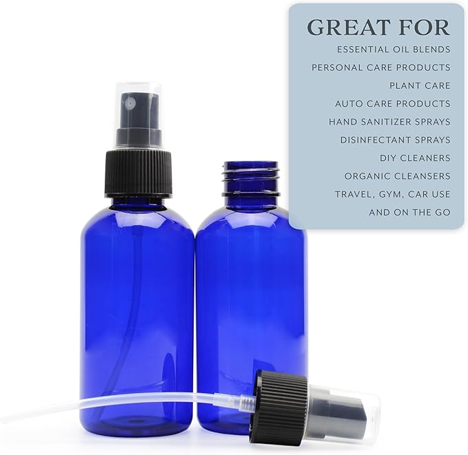 Cornucopia Brands 4oz Blue PLASTIC Fine Mist Spray Bottles (120-Pack); BPA-Free Plastic Spritzer Bottles, Labels Included; PET #1 Plastic Bottles