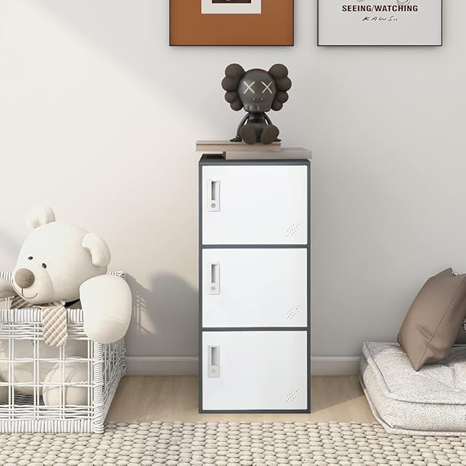 3 Door Vertical Stackable Storage Cabinet with Lock,Anti-Failing Device, Metal Lcoker,Organizer for Office, Home, Gym, School,Employee,Kids. (Grey)