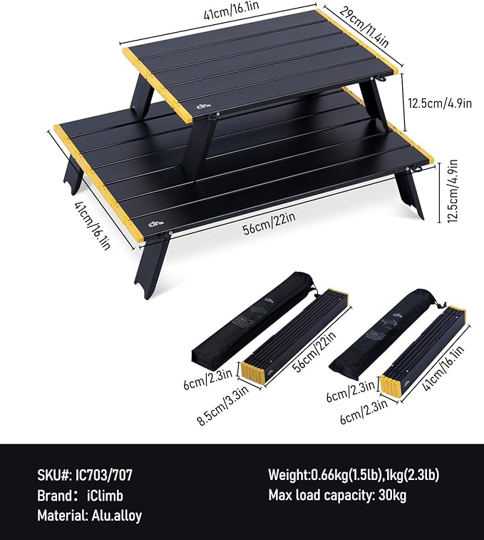 iClimb Ultralight Compact Mini Beach Picnic Folding Alu. Table with Carry Bag, Two Size (Black - L)