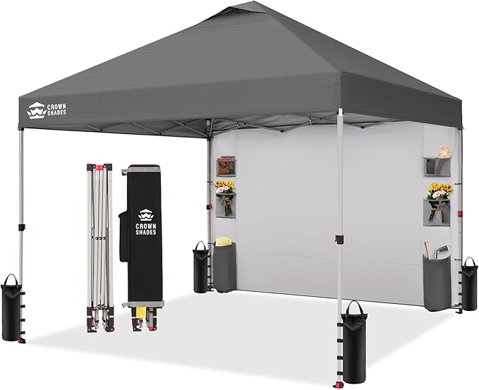 CROWN SHADES Canopy Tent 10x10 Pop Up Canopy Outdoor Shade with Pockets Sidewall, Easy Up Sun Shelter with One Person Set Up Center Lock, Portable Instant Camping Beach Canopies Tents, Grid Grey
