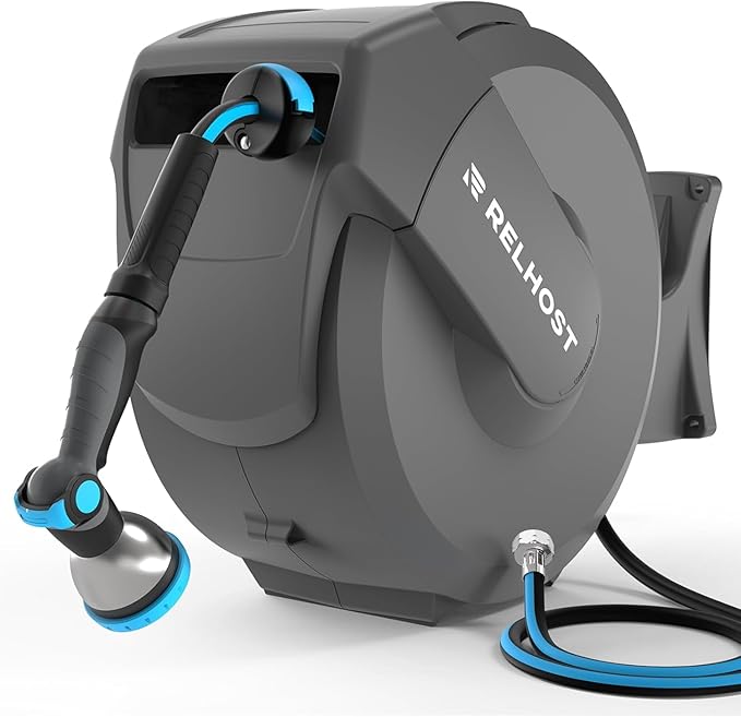 Retractable Garden Hose Reel 100 ft x 5/8 in, Heavy Duty Hose Reel Wall Mount with Any Length Lock, Auto Rewind System, 180° Swivel Bracket, 10-Pattern Garden Hose Nozzle, Dark Grey
