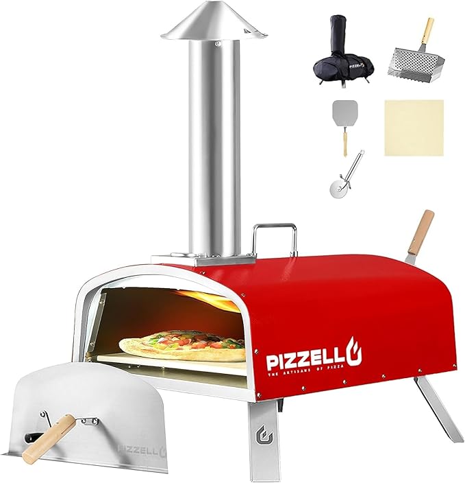 Outdoor Wood Fired Pellet Pizza Oven - 16" Stainless Steel with Carry Bag, Pizza Stone, Cutter, Peel - Red