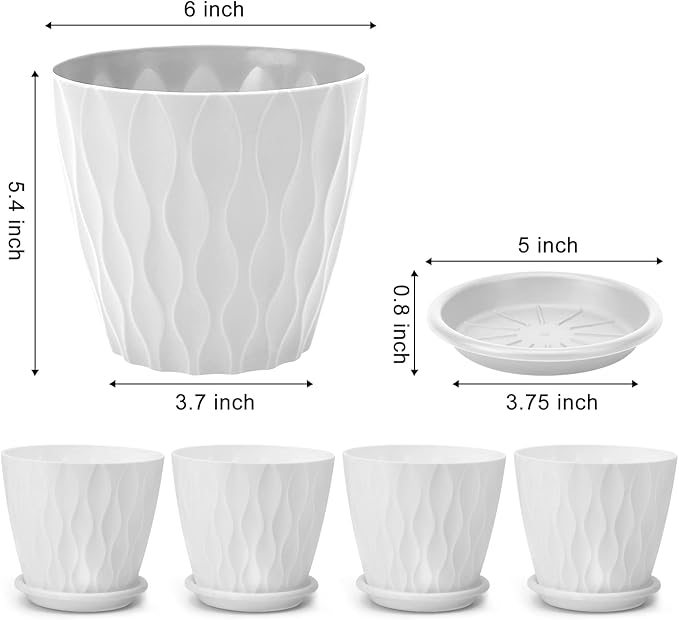 6 inch Plant Pots, 5 Pack Flower Pots Outdoor Indoor, Planters with Drainage Hole and Tray Saucer（White