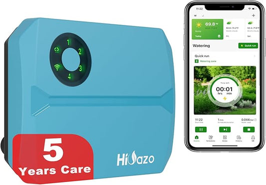 Smart Sprinklers Controller WiFi, Irrigation Controller Easy Use App Enabled, 4 Zone + 16 Plans, Save Water Auto Skip Rain, Freeze & Wind, 10 Minutes Install (Light Blue)
