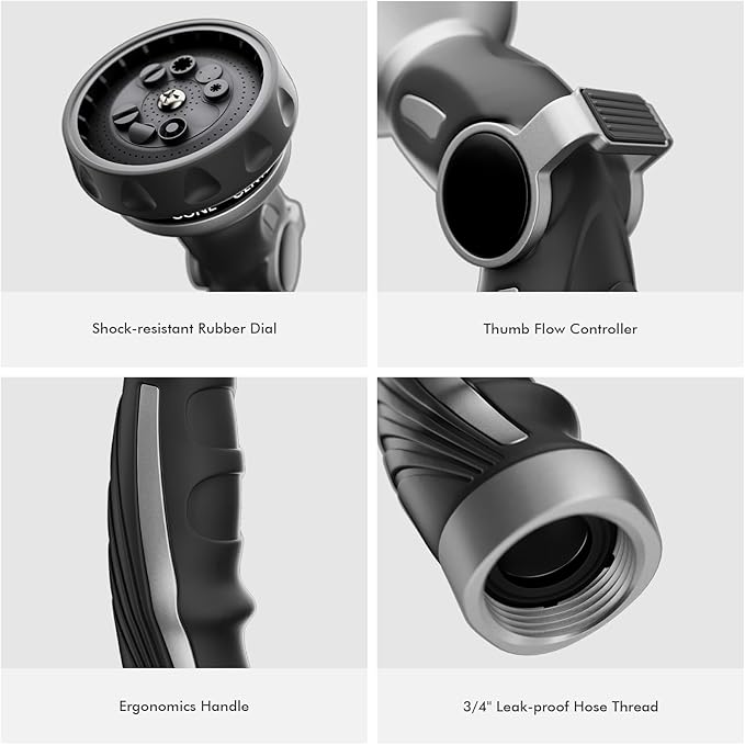 RESTMO Water Hose Nozzle, Metal Garden Hose Sprayer, Heavy Duty | 9 Spray Patterns | High Pressure | Thumb Flow Control, Ideal for Outdoor Lawn & Plant Watering, Car & Pet Washing, Silver