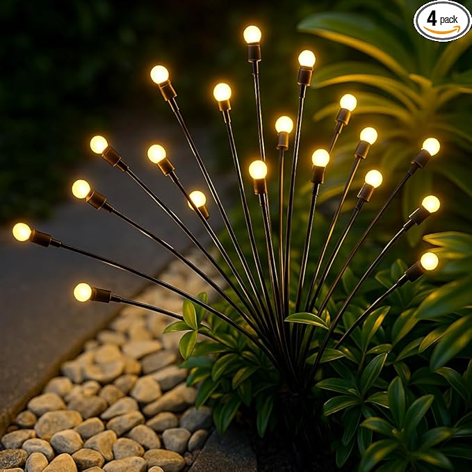 Solar Garden Lights, 4-Pack Dual Mode 40-LED Waterproof Outdoor Solar Firefly Lights for Yard, Patio, Pathway – Warm White Ambiance