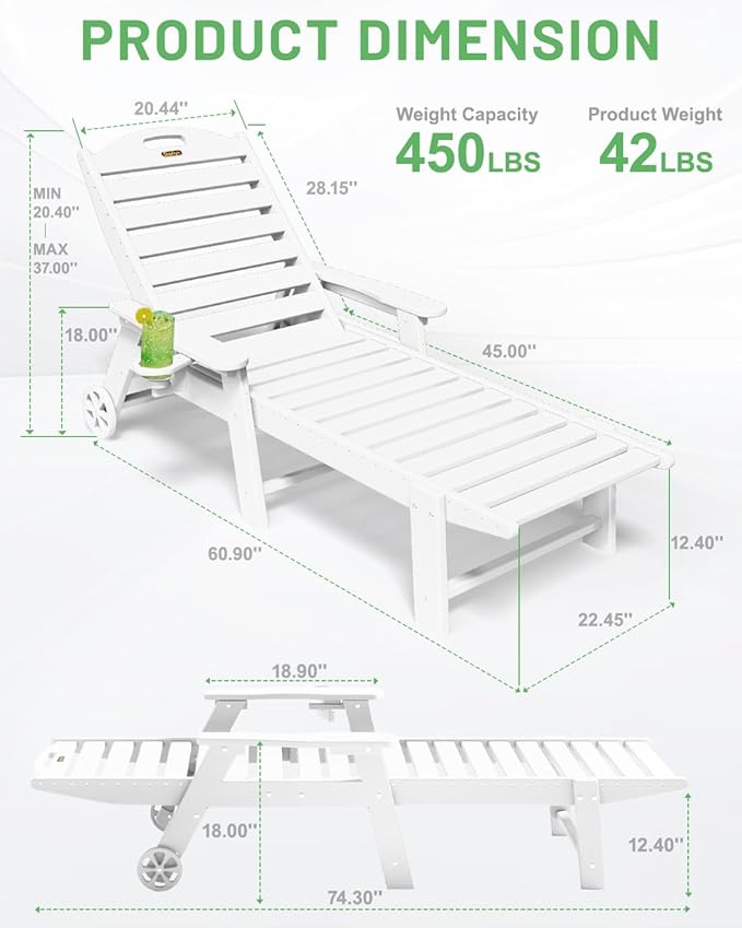 Lounge Chair Outdoor Set of 2, HDPE Chaise Lounge Outdoor with 6-Position & Wheels &Cup Holder, Pool Lounge Chair for Pool Poolside Deck Backyard Patio, White