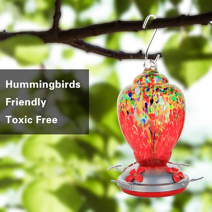 WOSIBO Hummingbird Feeder for Outdoors Patio Large 32 Ounces Colorful Hand Blown Glass Hummingbird Feeder with Ant Moat Hanging Hook, Rope, Brush and Service Card (Red-Sunrise)