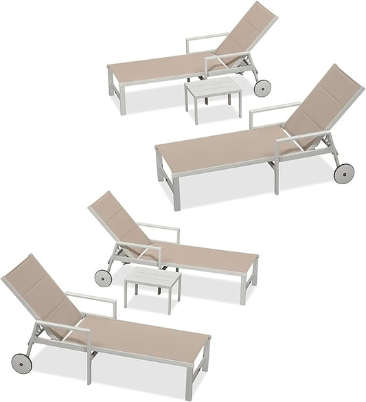 PURPLE LEAF Outdoor Chaise Lounge Adjustable Sunbathing Recliner with Armrest Khaki 2 Sets