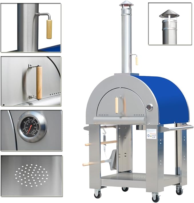 32.5 inch Propane Gas and Wood Fired Pizza Oven with Waterproof Cover, Large Stainless Steel Pizza Oven for Outdoor, Backyard and Party (Blue)