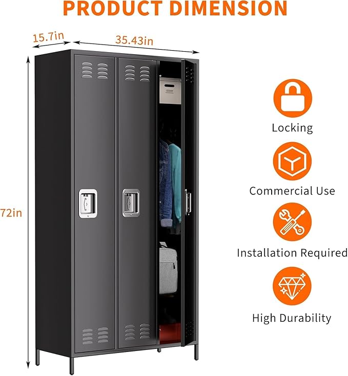 3 Doors Metal Lockers for Employees with 6 Hooks, Black Steel Storage Locker Cabinet, 72" Tall Lockers for Offices School Gyms Home Bedroom