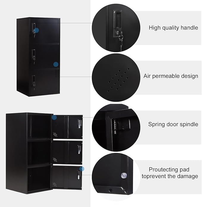 3 Door Metal Vertical Storage Locker for School, Office, Home,Gym,Stackable Steel Storage Cabinet with Lock,Anti-Falling Device. (3 Door, Black)