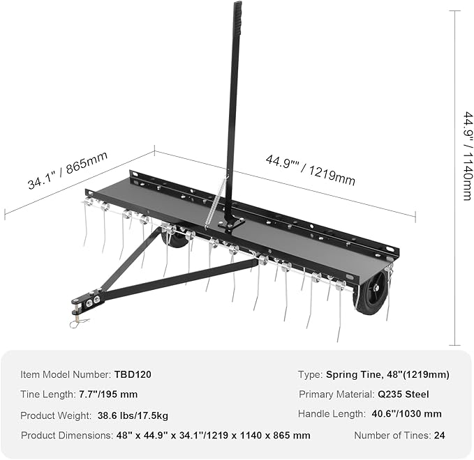 VEVOR Tow Behind Dethatcher, 48-inch Tow Dethatcher with 24 Spring Steel Tines, Lawn Dethatcher Rake for ATV or Mower, Tow Behind Lawn Rake with Lift Handle for Garden Farm Grass
