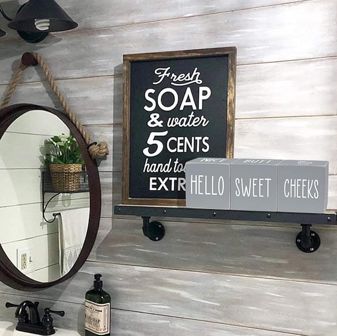 4-Sides Farmhouse Bathroom Decor for Shelves Counter, Funny Rustic Cute Wooden Restroom Guest Sign, Nice Butt&Get Naked&Hello Sweet Cheeks&Wash Your Hands, Grey 2.8"