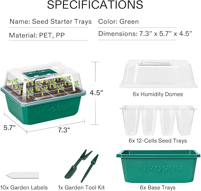 VIVOSUN 6-Pack Seed Starter Trays, 72-Cell Seed Starter Kit with Humidity Dome, Flat Reusable Plant Germination Trays with Drain Hole, Green Propagation Tray for Planting Seeds