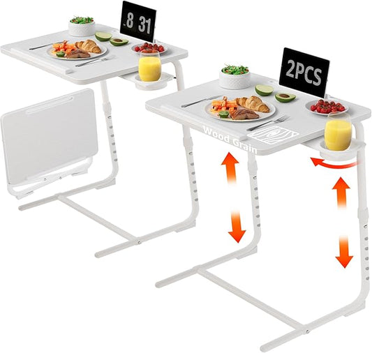 TV Trays Set of 2 - Folding TV Tray Adjustable Dinner Trays for Eating On Couch Wooden Tables Mate Stand Foldable White Desk with Cup Holder Portable