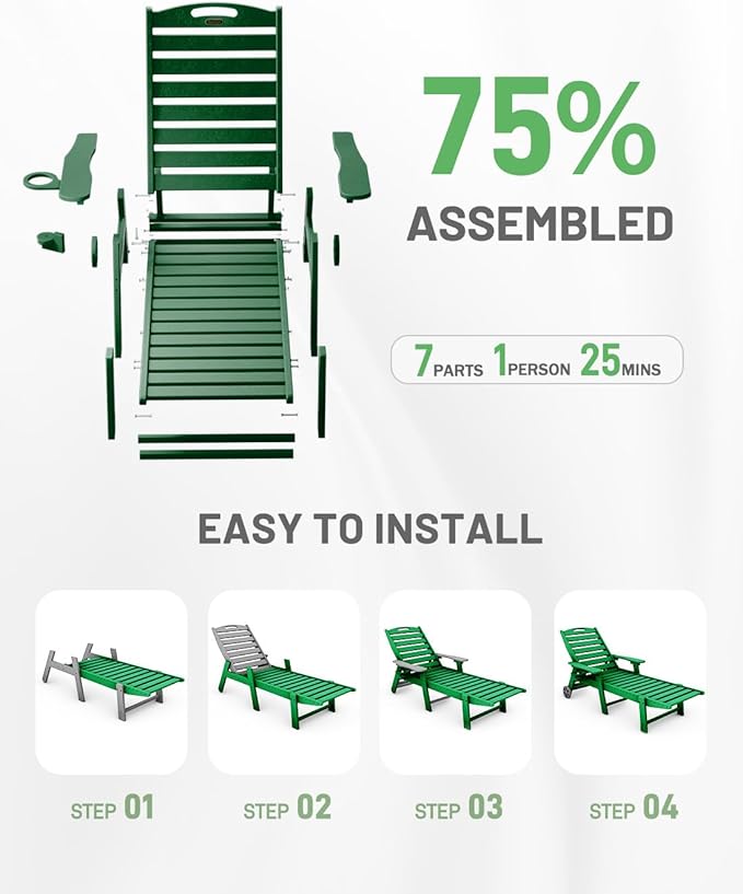 Lounge Chair Outdoor Set of 2, 6-Position Adjustable Chaise Lounge Outdoor with Wheels, Lounge Chair with Cup Holder for Pool Poolside Deck Backyard Patio, Green