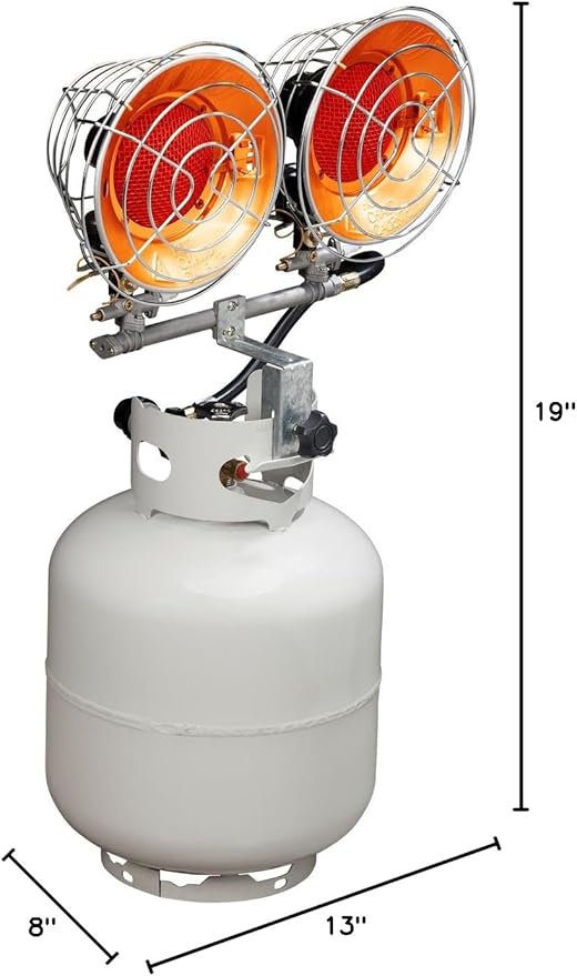 Avenger FBDTP30 Infra-Red Tank Top Outdoor Heater for Use with Propane Gas Tanks for Camping, Patios, and More, Double Burner, 30,000 BTU, Silver