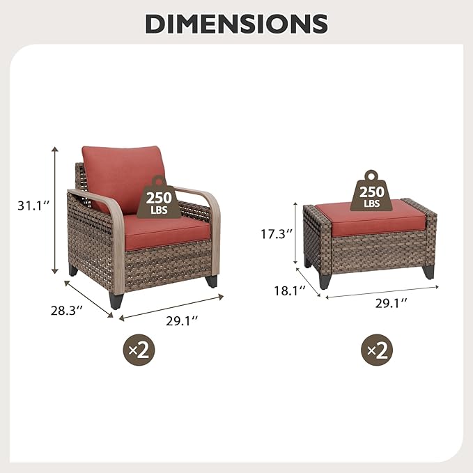 EAGLE PEAK Modern Wicker Outdoor Chair, Patio Chair Curved Armrest, Rattan Patio Furniture for Yard Deck Porch Garden, 2 Chairs 2 Ottomans, 4 Pieces, Brown/Red