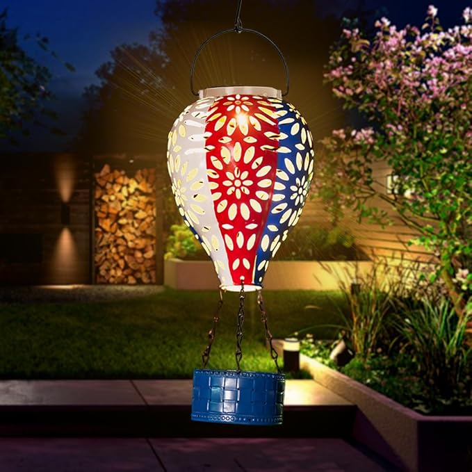 Solar Hot Air Balloon Lantern,Hanging Lantern Outdoor Waterproof Decorative Metal LED Solar Lights for Trees Patio Garden Yard Porch Decor, Flag