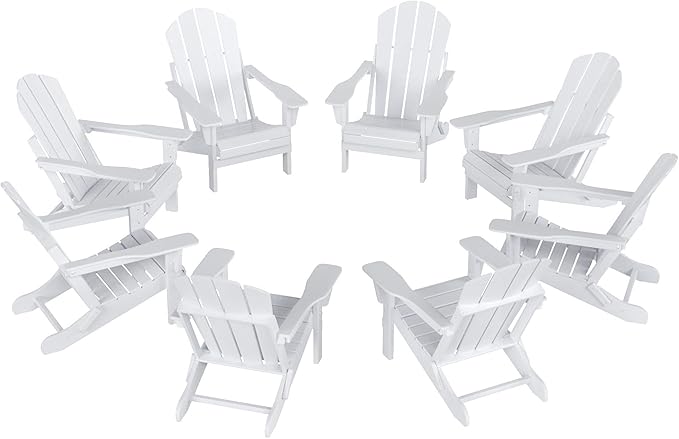 Westin Outdoors Laguna WO Outdoor Adirondack Folding Patio Chairs 8 PCS Set Retro Beach Aesthetic for Backyard, Lawn, Patio, Deck, Garden, Weather Resistant Polyethylene Plastic Lounger (White)