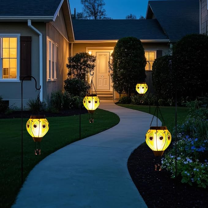 Starsoul 2 PC Peacock Hot Air Balloon Solar Lantern with Flame Glass Outdoor Hanging Hot Air Balloon Solar Light Waterproof Garden Patio Yard Party Decorations