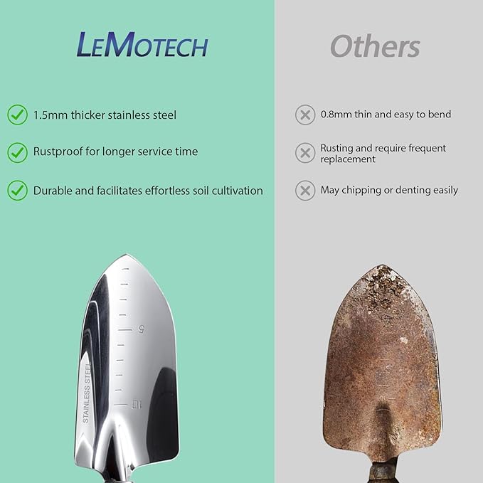 LeMotech Garden Tool Set, 2Pcs Gardening Hand Tools, Stainless Steel Trowel and Cultivator with Beech Handle, Outdoor Gardening Kit for Women Men