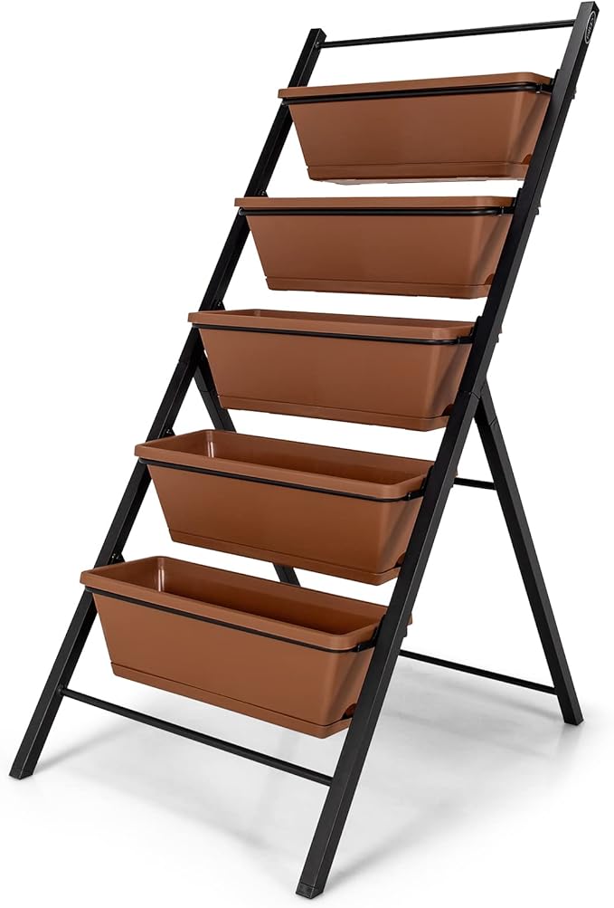 Giantex Set of 2 Vertical Planter Raised Bed, Elevated Garden Beds with Water Drainage Hole, Freestanding 5 Container Boxes for Herb Vegetables Flowers Growing, Outdoor Indoor Patio Balcony