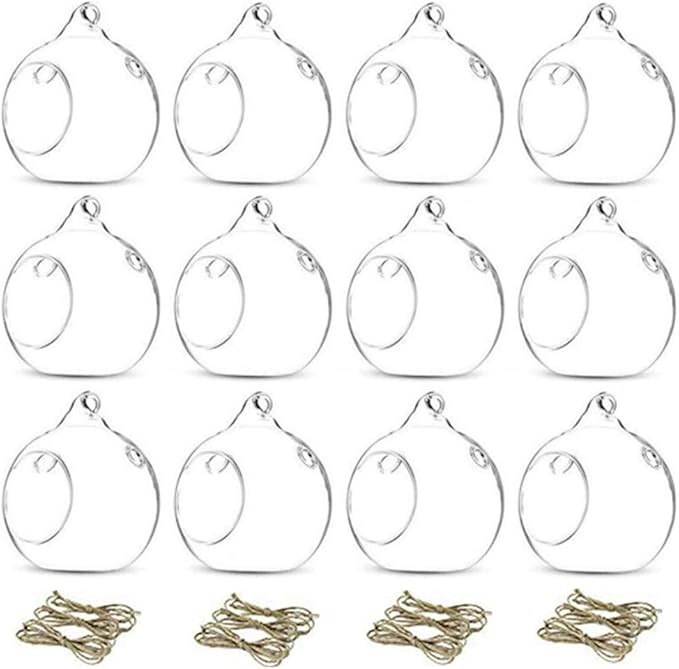 12 Pcs 3.15"/ 8cm Hanging Glass Tealight Holder Globe Plant Terrariums Glass Orbs Air Plants Tea Light Candle Holders Home Decor Indoor Outdoor Garden (with 2 Holes, 9 Pcs + 3 Pcs)