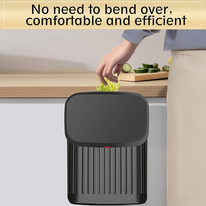 GloDeals Kitchen Hanging Trash Can with Lid, 2.1Gal/ 8L Stainless Steel Trash Can Compost Bin Counter Top, Wall-Mount Indoor Kitchen Trash Bin for Cabinet, Under Sink, Bathroom (Black)