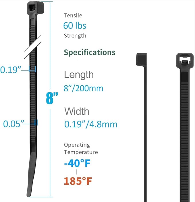 XINGO 1000 PCS White Zip Ties 8 Inch, 60 LBS Tensile Strength, Self-Locking Nylon Plastic Nylon PA66 Wire Ties for Indoor and Outdoor Use